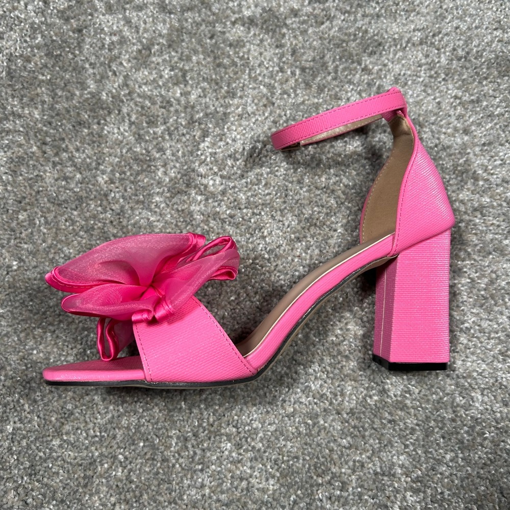 Hot Pink Block Heel Sandals Oversized Organza Bow Ankle Strap Size 38 EU - Picture 4 of 7